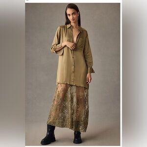 NWT Retail $180. Anthropologie.Size M. Lace mix satin maxi dress olive green.